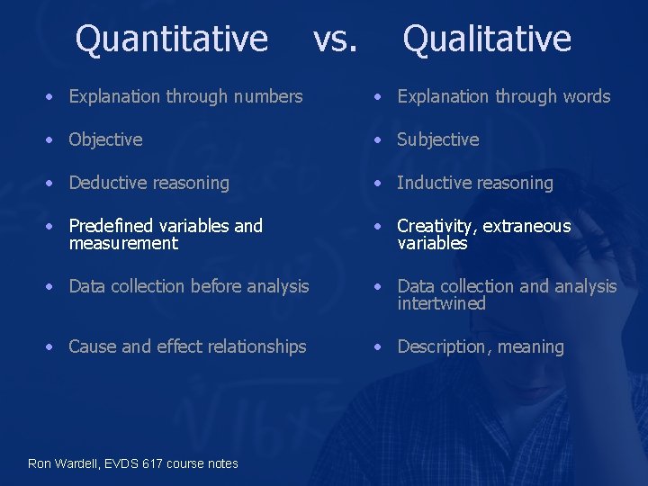 Quantitative vs. Qualitative • Explanation through numbers • Explanation through words • Objective •