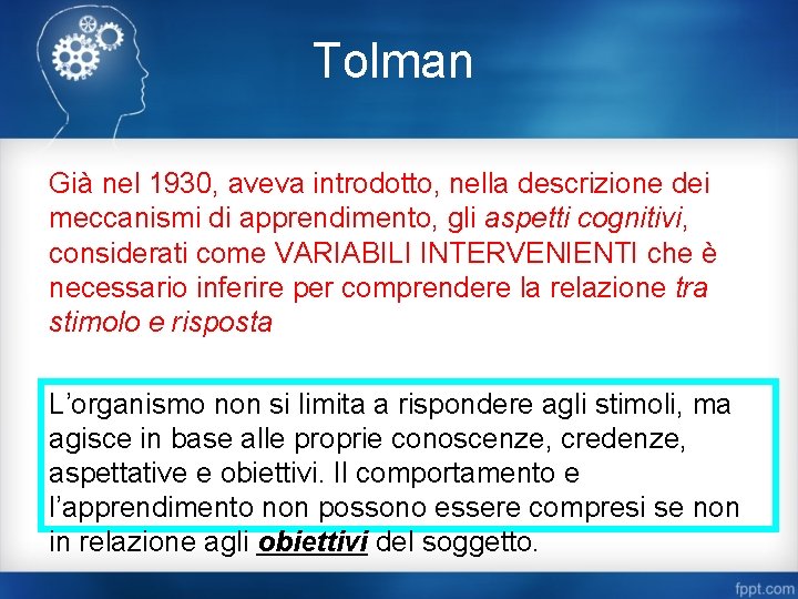 Tolman Già nel 1930, aveva introdotto, nella descrizione dei meccanismi di apprendimento, gli aspetti
