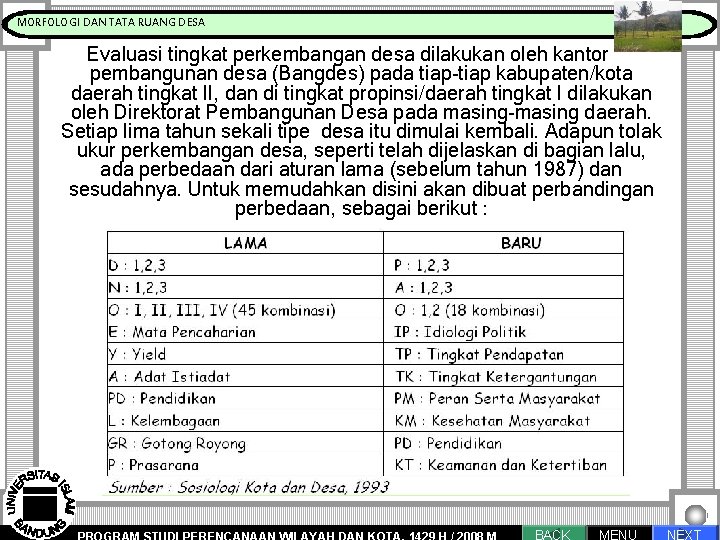 MORFOLOGI DAN TATA RUANG DESA Pengantar Proses Perencanaan Evaluasi tingkat perkembangan desa dilakukan oleh