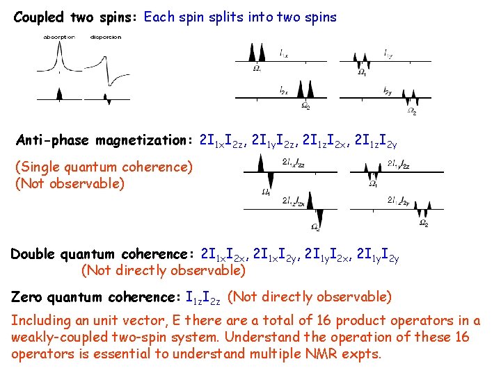 Coupled two spins: Each spin splits into two spins Anti-phase magnetization: 2 I 1