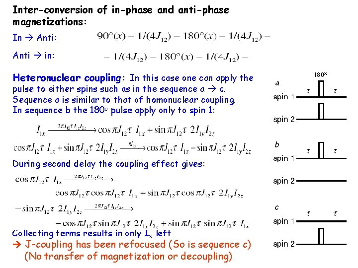 Inter-conversion of in-phase and anti-phase magnetizations: In Anti: Anti in: Heteronuclear coupling: In this