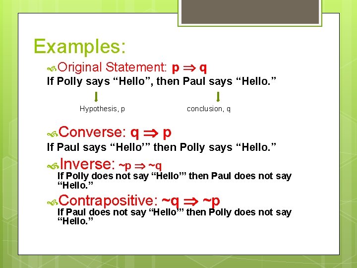 Examples: Original Statement: p q If Polly says “Hello”, then Paul says “Hello. ”