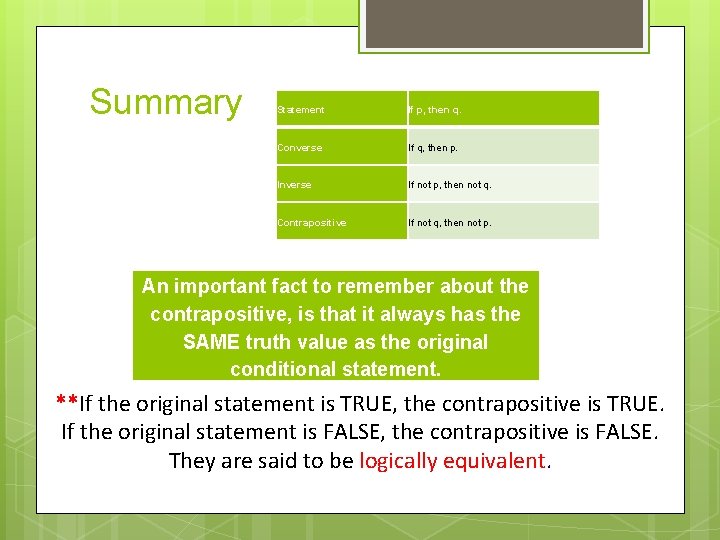Summary Statement If p, then q. Converse If q, then p. Inverse If not