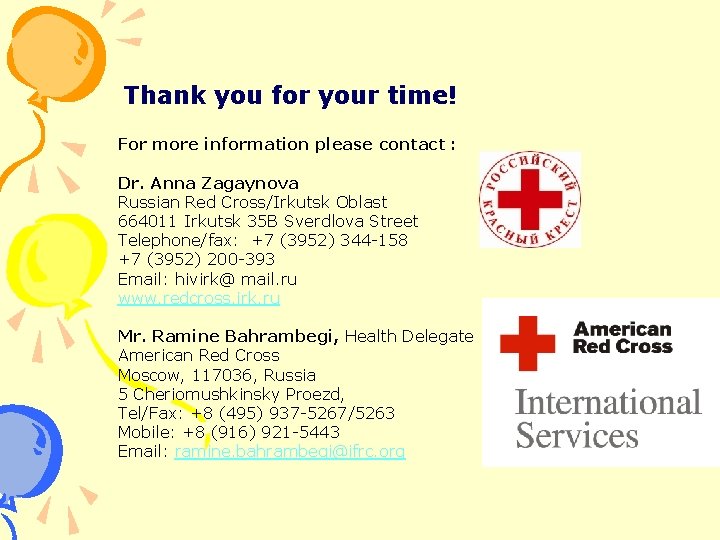 Thank you for your time! For more information please contact : Dr. Anna Zagaynova