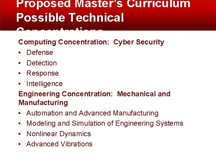 Proposed Master’s Curriculum Possible Technical Concentrations Computing Concentration: Cyber Security • Defense • Detection