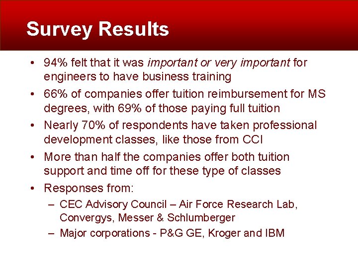 Survey Results • 94% felt that it was important or very important for engineers