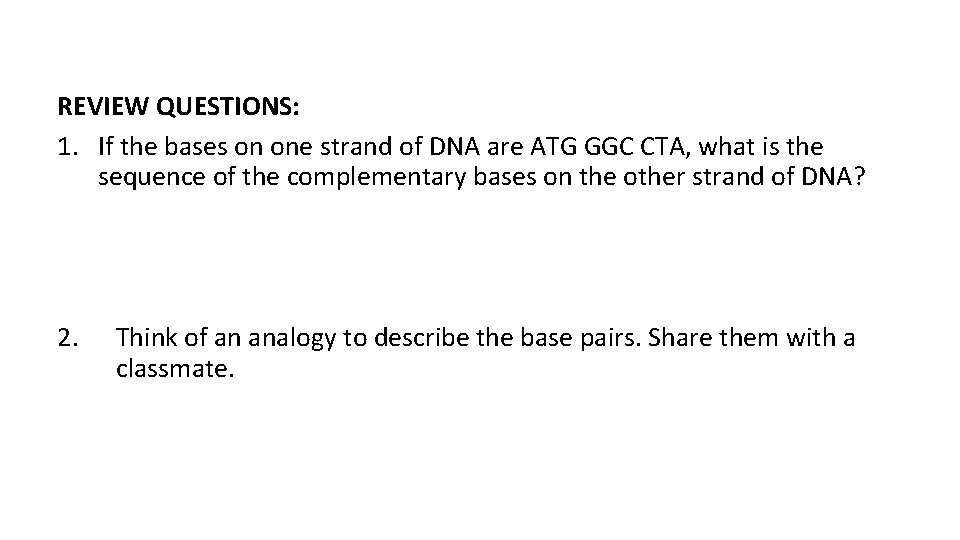REVIEW QUESTIONS: 1. If the bases on one strand of DNA are ATG GGC