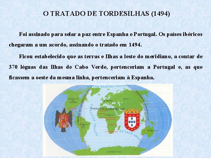 O TRATADO DE TORDESILHAS (1494) Foi assinado para selar a paz entre Espanha e