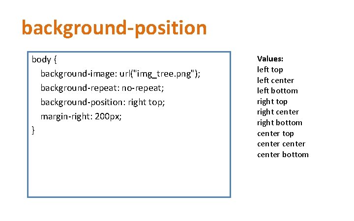 background-position body { background-image: url("img_tree. png"); background-repeat: no-repeat; background-position: right top; margin-right: 200 px; background-position body { background-image: url("img_tree. png"); background-repeat: no-repeat; background-position: right top; margin-right: 200 px;