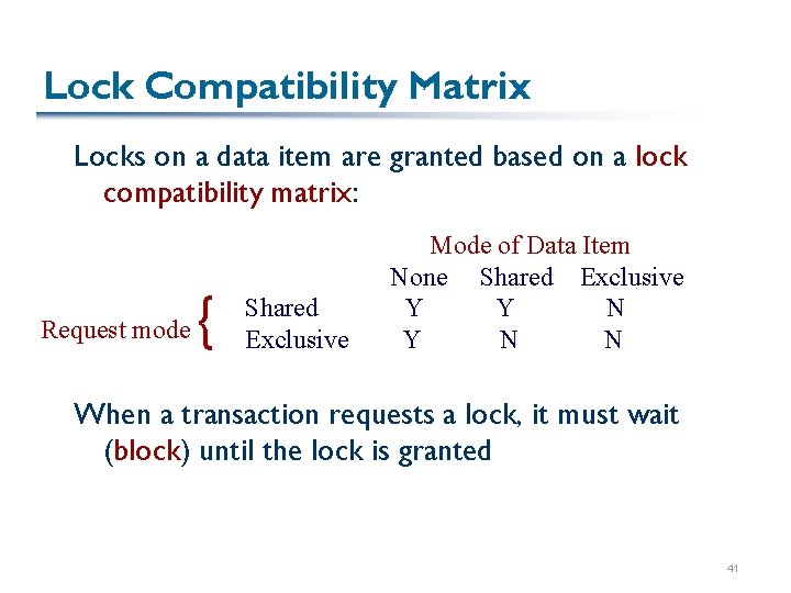 Lock Compatibility Matrix Locks on a data item are granted based on a lock