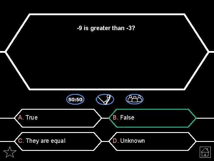 -9 is greater than -3? A. True B. False C. They are equal D.