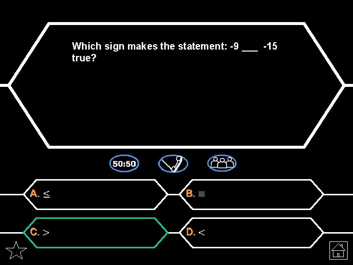 Which sign makes the statement: -9 ___ -15 true? A. B. C. D. 