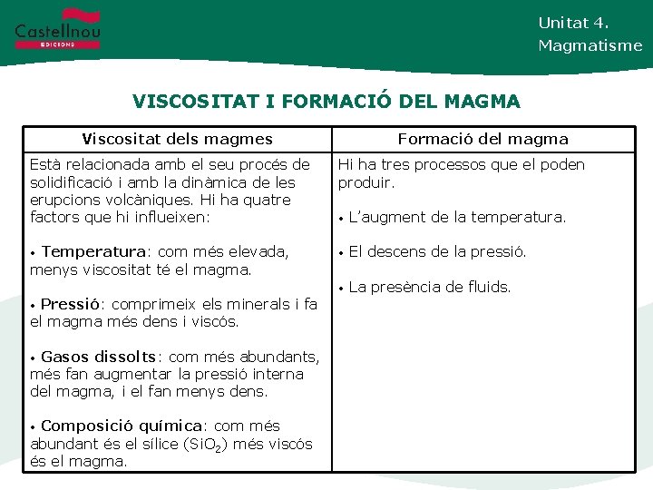 Unitat 4. Magmatisme VISCOSITAT I FORMACIÓ DEL MAGMA Viscositat dels magmes Formació del magma
