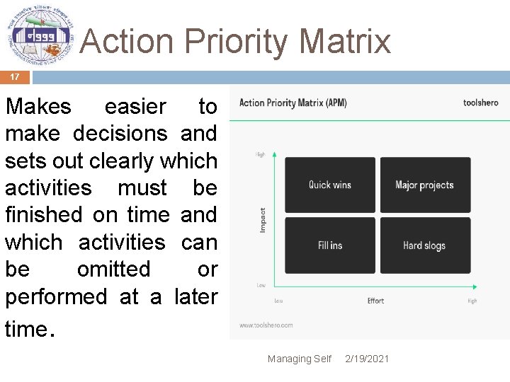 Action Priority Matrix 17 Makes easier to make decisions and sets out clearly which