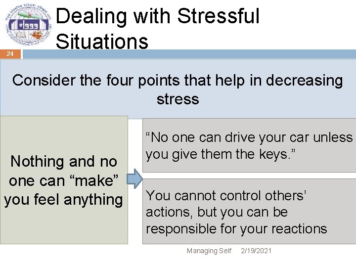 24 Dealing with Stressful Situations Consider the four points that help in decreasing stress