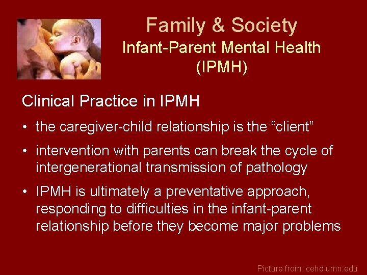 Family & Society Infant-Parent Mental Health (IPMH) Clinical Practice in IPMH • the caregiver-child