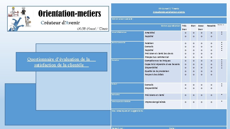  RR Conseil / Timeto Enquête de satisfaction clients Votre raison sociale : Accueil