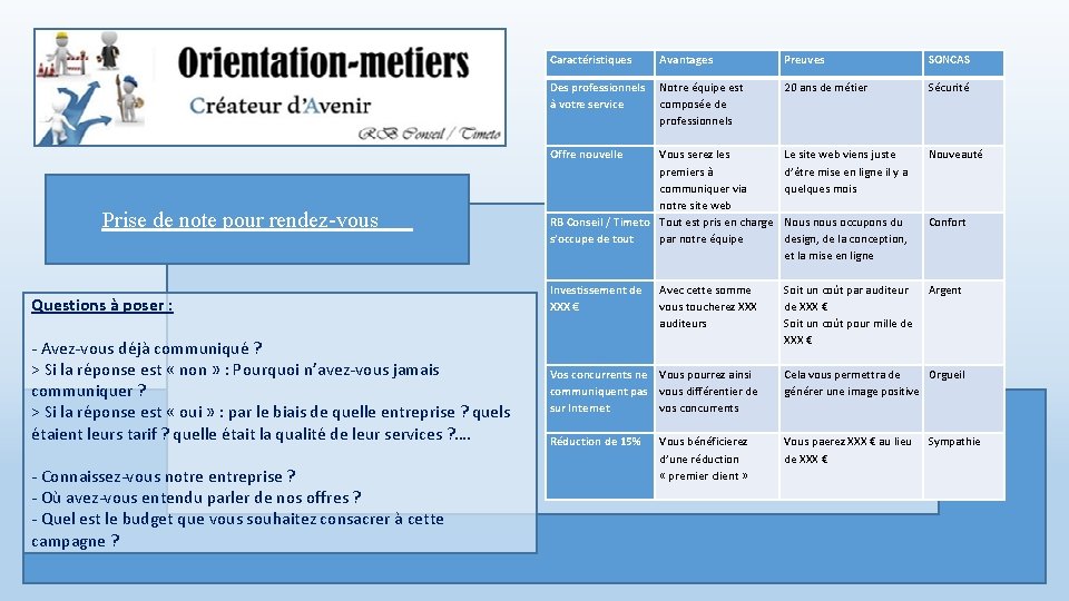 Prise de note pour rendez-vous Questions à poser : - Avez-vous déjà communiqué ?