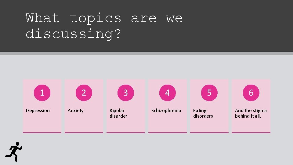 What topics are we discussing? 1 Depression 2 Anxiety 3 Bipolar disorder 4 Schizophrenia
