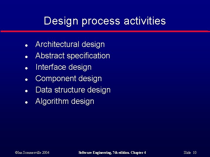 Design process activities l l l Architectural design Abstract specification Interface design Component design