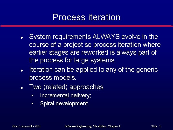 Process iteration l l l System requirements ALWAYS evolve in the course of a