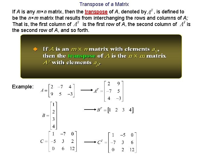 Transpose of a Matrix If A is any m×n matrix, then the transpose of