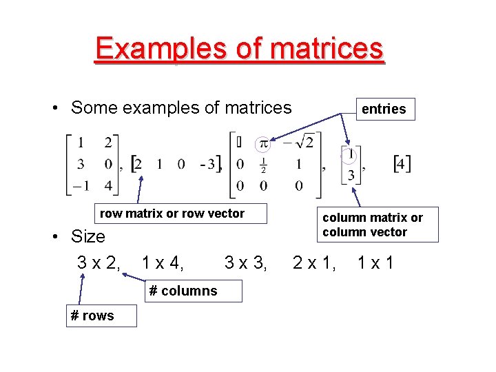 Examples of matrices • Some examples of matrices row matrix or row vector •