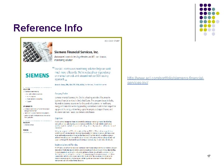 Reference Info http: //www. acl. com/portfolio/siemens-financialservices-inc/ 17 