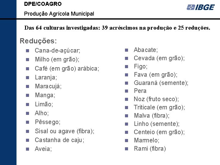 DPE/COAGRO Produção Agrícola Municipal Das 64 culturas investigadas: 39 acréscimos na produção e 25