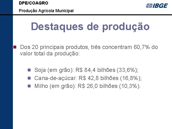 DPE/COAGRO Produção Agrícola Municipal Destaques de produção Dos 20 principais produtos, três concentram 60,