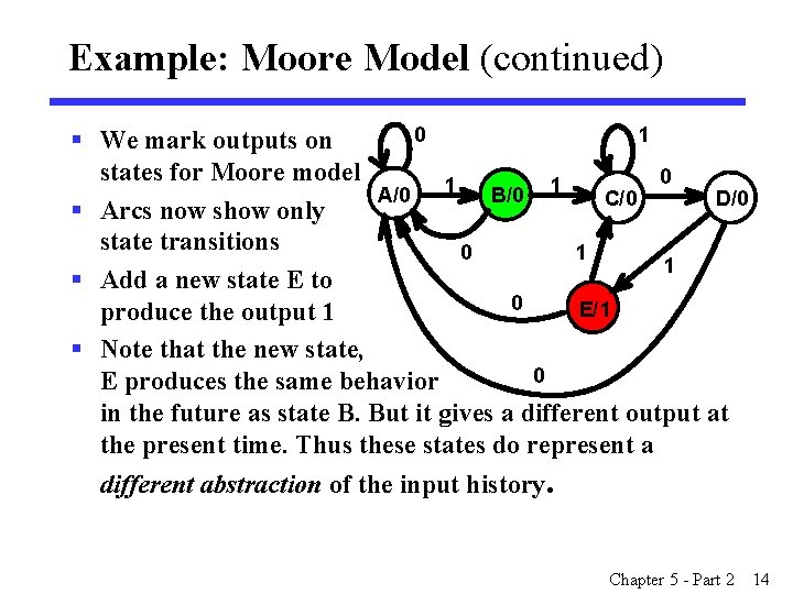 Example: Moore Model (continued) 0 1 § We mark outputs on states for Moore Example: Moore Model (continued) 0 1 § We mark outputs on states for Moore
