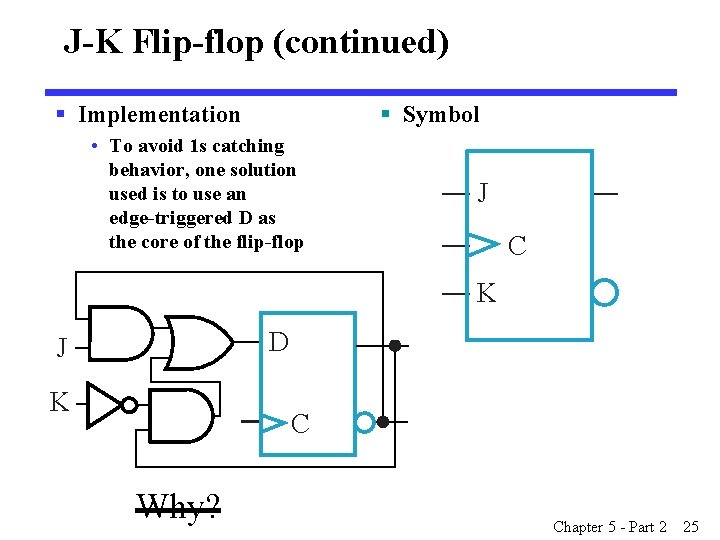 J-K Flip-flop (continued) § Implementation § Symbol • To avoid 1 s catching behavior, J-K Flip-flop (continued) § Implementation § Symbol • To avoid 1 s catching behavior,