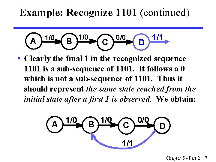 Example: Recognize 1101 (continued) A 1/0 B 1/0 C 0/0 D 1/1 § Clearly Example: Recognize 1101 (continued) A 1/0 B 1/0 C 0/0 D 1/1 § Clearly