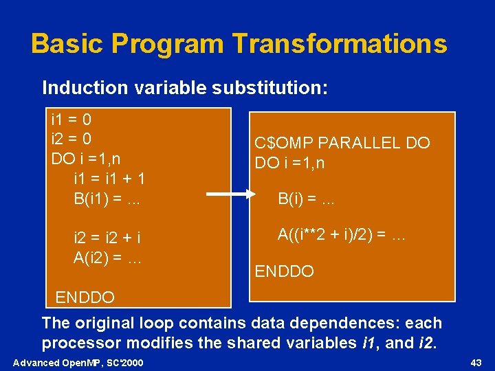 Basic Program Transformations Induction variable substitution: i 1 = 0 i 2 = 0