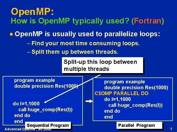 Open. MP: How is Open. MP typically used? (Fortran) l Open. MP is usually