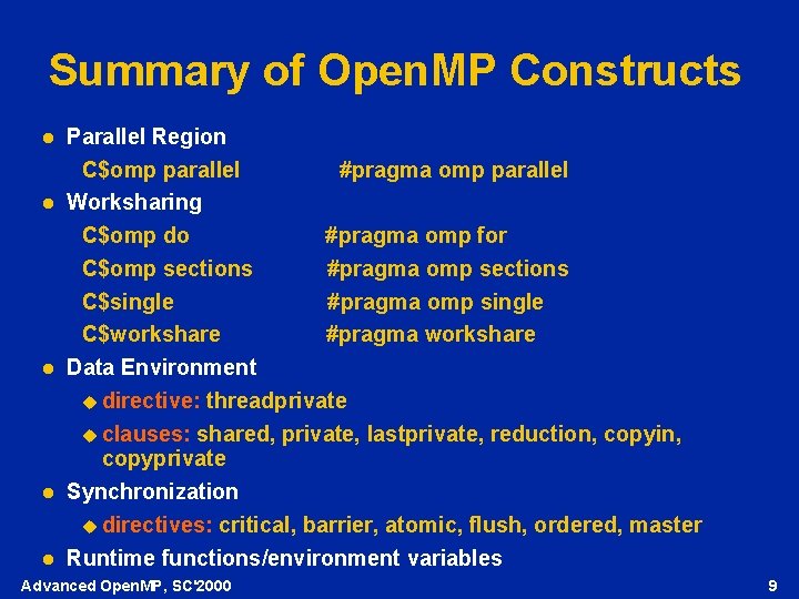 Summary of Open. MP Constructs l l l Parallel Region C$omp parallel #pragma omp
