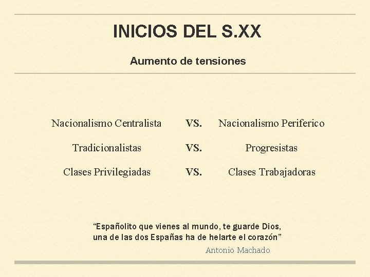 INICIOS DEL S. XX Aumento de tensiones Nacionalismo Centralista VS. Nacionalismo Periferico Tradicionalistas VS.