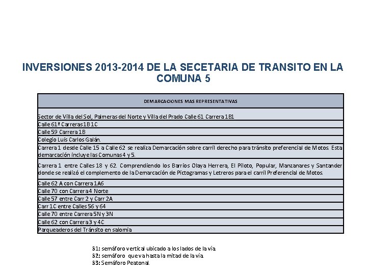 INVERSIONES 2013 -2014 DE LA SECETARIA DE TRANSITO EN LA COMUNA 5 DEMARCACIONES MAS