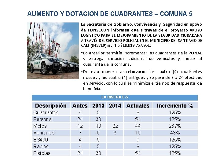 AUMENTO Y DOTACION DE CUADRANTES – COMUNA 5 La Secretaría de Gobierno, Convivencia y