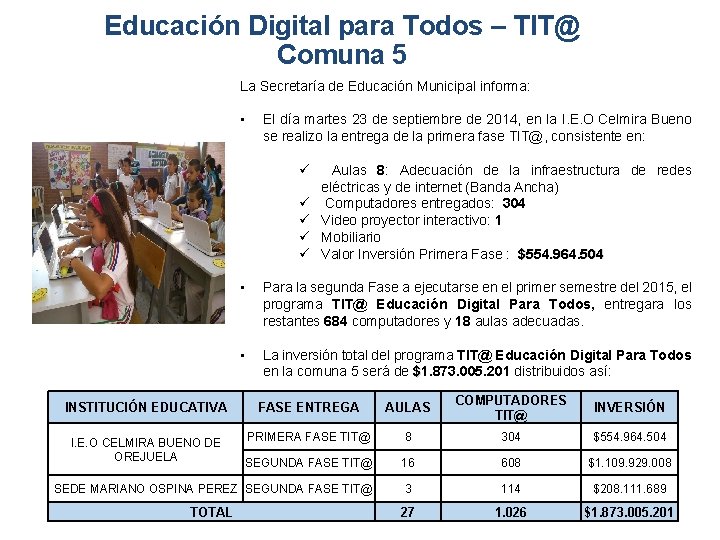 Educación Digital para Todos – TIT@ Comuna 5 La Secretaría de Educación Municipal informa: