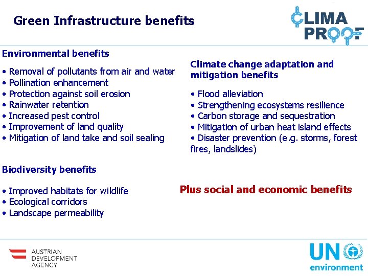 Green Infrastructure benefits Environmental benefits • Removal of pollutants from air and water • Green Infrastructure benefits Environmental benefits • Removal of pollutants from air and water •
