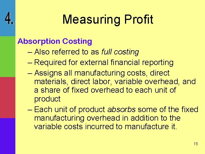 Measuring Profit Absorption Costing – Also referred to as full costing – Required for