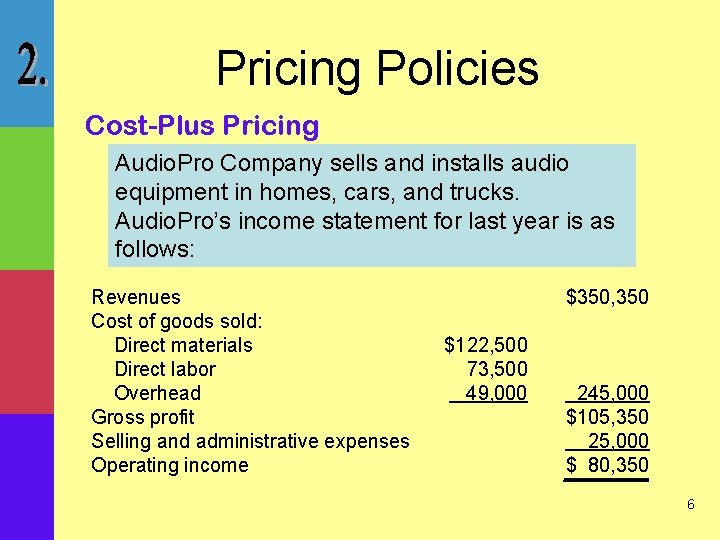 Pricing Policies Cost-Plus Pricing Audio. Pro Company sells and installs audio equipment in homes,