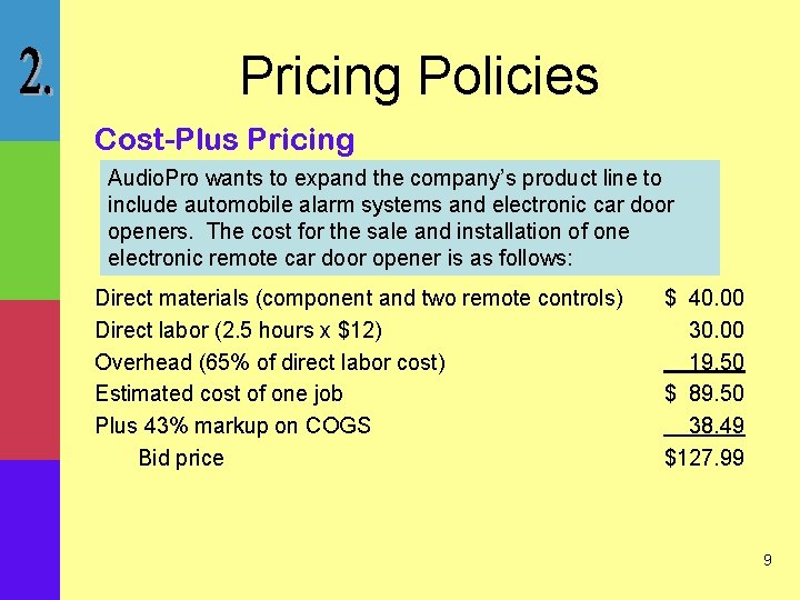 Pricing Policies Cost-Plus Pricing Audio. Pro wants to expand the company’s product line to