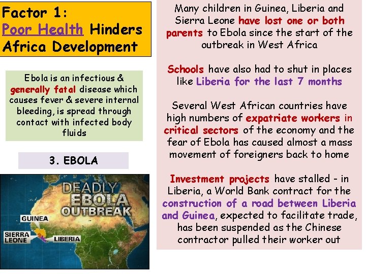 Factor 1: Poor Health Hinders Africa Development Ebola is an infectious & generally fatal