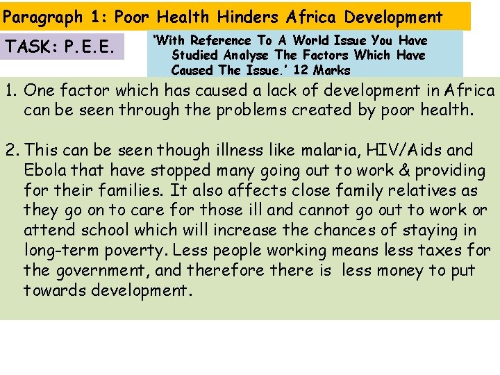 Paragraph 1: Poor Health Hinders Africa Development TASK: P. E. E. ‘With Reference To