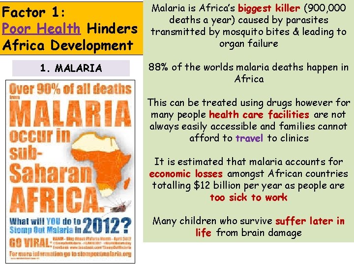 Factor 1: Poor Health Hinders Africa Development Malaria is Africa’s biggest killer (900, 000