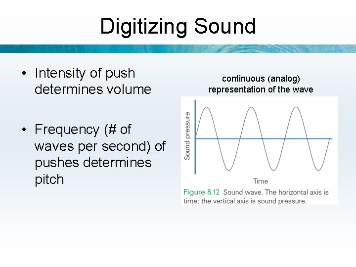 Digitizing Sound • Intensity of push determines volume • Frequency (# of waves per