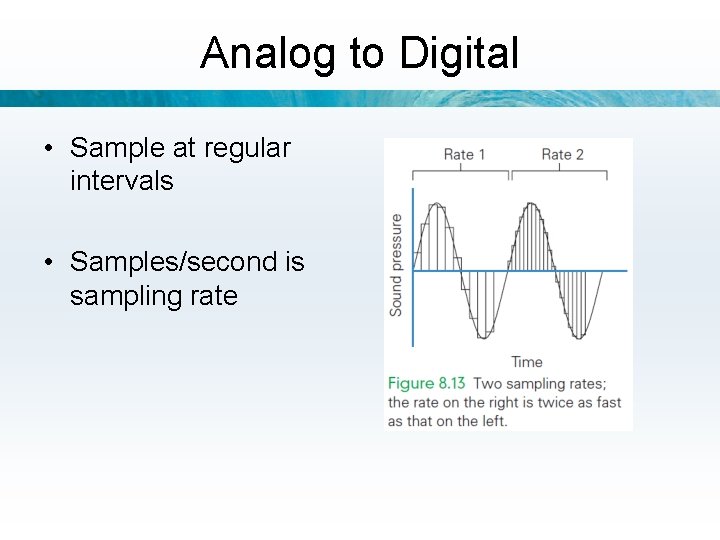 Analog to Digital • Sample at regular intervals • Samples/second is sampling rate 