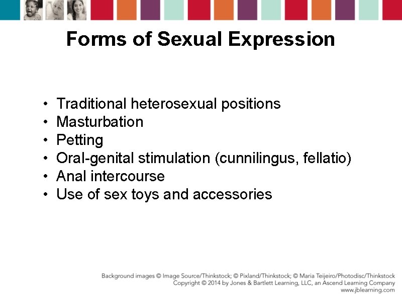 Forms of Sexual Expression • • • Traditional heterosexual positions Masturbation Petting Oral-genital stimulation